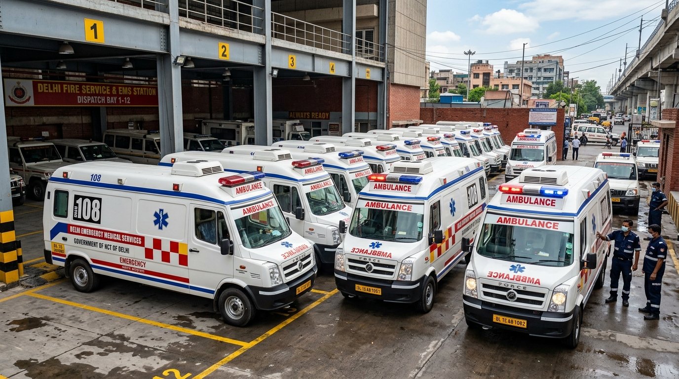 Pawan Ambulance Service Fleet of ambulances lined up in Delhi